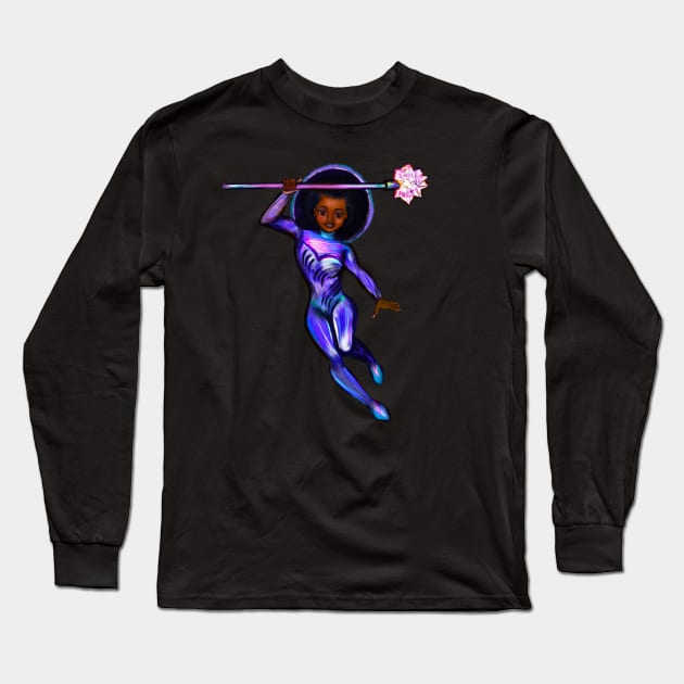 Black anime superhero girl from outer space with lights and smirk ! beautiful  black girl with Afro hair, brown eyes, Cherry pink lips and dark brown skin. Hair love ! Long Sleeve T-Shirt by Artonmytee